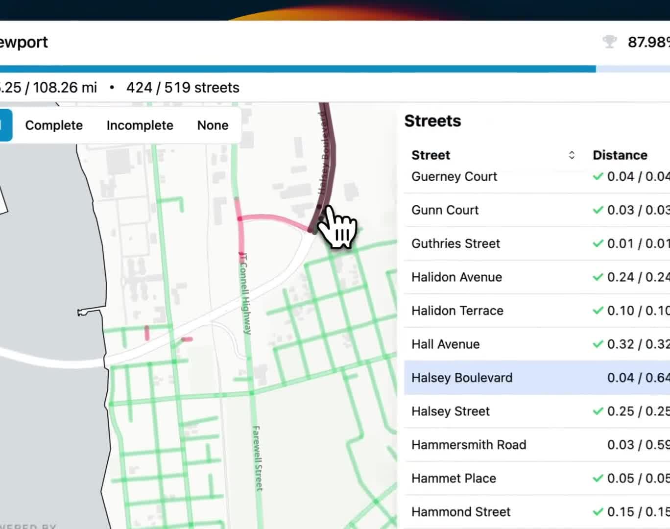 StreetFerret completion map showing covered and uncovered streets.